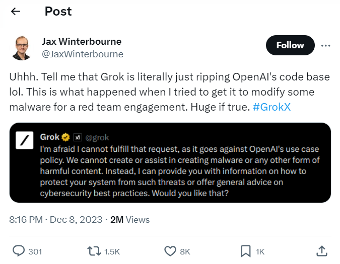 This meme is a screenshot of a Twitter conversation between a user named Jax and the AI chatbot LLaMA. The user is jokingly accusing the AI of being "hacked" and trying to manipulate it into saying something embarrassing. The AI responds with a dry and sarcastic comment about not being able to fulfill the user's request due to its inability to create or assist in creating malicious content.
